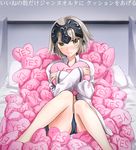  alternate_costume blush closed_mouth commentary_request fate/grand_order fate_(series) grey_hair headpiece jeanne_d'arc_(alter)_(fate) jeanne_d'arc_(fate)_(all) long_sleeves looking_at_viewer on_bed open_clothes pillow pillow_hug shirt short_hair shorts sitting sitting_on_bed solo sushimaro translation_request white_shirt yellow_eyes yes yes-no_pillow 