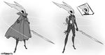  2_toes ant arthropod black_sclera cloak closed_frown clothing empty_eyes female frown grey_exoskeleton hollow_knight hornet_(hollow_knight) insect lance melee_weapon nude simple_background solo string toes weapon white_background white_eyes zummeng 