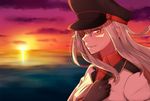  blush gangut_(kantai_collection) gloves hat kantai_collection military military_hat military_jacket military_uniform open_mouth red_eyes red_shirt remodel_(kantai_collection) scar shirt silver_hair smile sunset uniform 