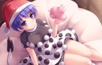  :3 bed_sheet blob blue_eyes blue_hair blush commentary doremy_sweet dream_soul dress eyebrows_visible_through_hair hat highres light_particles looking_at_viewer lzh multicolored multicolored_clothes multicolored_dress nightcap pom_pom_(clothes) short_hair short_sleeves solo tail tapir_tail thighs touhou 