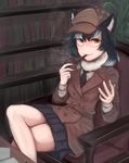  animal_ears asuka_nasuka bad_id bad_pixiv_id black_hair blue_eyes book breasts commentary fur_collar gloves graphite_(medium) grey_wolf_(kemono_friends) heterochromia highres holding holding_pipe kemono_friends long_hair long_sleeves looking_at_viewer multicolored_hair necktie pipe pipe_in_mouth sitting skirt small_breasts smoking solo traditional_media two-tone_hair wolf_ears yellow_eyes 