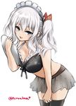  :d alternate_costume bangs bikini_top black_bikini_top black_legwear black_ribbon blue_panties blush breasts cleavage commentary_request cowboy_shot directional_arrow eyebrows_visible_through_hair eyelashes front-tie_bikini front-tie_top holding holding_tray kantai_collection kashima_(kantai_collection) kuroba_dam leaning_forward long_hair looking_at_viewer maid_headdress medium_breasts navel open_mouth panties ribbon round_teeth see-through simple_background sketch smile solo standing stomach teeth thighhighs tray tsurime twitter_username two_side_up underwear wavy_hair white_background 