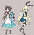  ahoge alice_(wonderland) alice_(wonderland)_(cosplay) alice_in_wonderland apron black_hair blonde_hair blue_dress boots bow bowtie cosplay cross-laced_footwear dress elbow_gloves full_body gloves green_eyes grey_background hair_bow hair_ribbon hand_on_hip high_heels highleg highleg_panties kantai_collection long_hair microskirt multicolored_hair multiple_girls naganami_(kantai_collection) nagasioo navel panties pink_hair pleated_skirt pocket_watch purple_eyes ribbon shimakaze_(kantai_collection) skirt standing standing_on_one_leg striped striped_legwear thighhighs translated two-tone_hair underwear very_long_hair watch white_gloves white_rabbit white_rabbit_(cosplay) zettai_ryouiki 