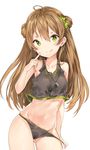  bare_arms black_panties bow brown_hair contrapposto cowboy_shot crop_top crop_top_overhang double_bun girls_frontline green_bow green_eyes hair_bow highres jewelry licking_lips long_hair looking_at_viewer midriff navel panties panty_pull pendant rfb_(girls_frontline) silver_(chenwen) simple_background smile solo standing stomach tank_top tongue tongue_out underwear white_background 