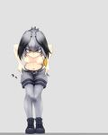  bangs black_hair full_body grey_background grey_hair grey_shorts kemono_friends leaning_forward long_hair looking_at_viewer low_ponytail multicolored_hair nipples orange_hair shoebill_(kemono_friends) shorts shorts_pull side_ponytail simple_background sman solo standing topless undressing yellow_eyes 