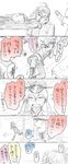  ahoge anchor_hair_ornament bare_shoulders bismarck_(kantai_collection) blush breasts chair closed_eyes collarbone collared_shirt comic covering_face gangut_(kantai_collection) hair_between_eyes hair_ornament hands_on_another's_face hat irako_(kantai_collection) iron_cross kantai_collection long_hair long_sleeves low_twintails military military_hat military_uniform misunderstanding multiple_girls noren oktyabrskaya_revolyutsiya_(kantai_collection) open_mouth peaked_cap prinz_eugen_(kantai_collection) round_teeth sebas_murasaki shirt short_sleeves sleeveless sliding_doors sweatdrop table tackle teeth traditional_media translated trembling twintails uniform 
