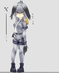  1girl bangs belt bird_tail black_gloves black_hair fingerless_gloves full_body gloves grey_background grey_hair grey_shirt grey_shorts hand_on_hip kemono_friends long_hair looking_at_viewer low_ponytail multicolored_hair necktie orange_hair shirt shoebill_(kemono_friends) short_sleeves shorts side_ponytail simple_background sman solo standing staring white_neckwear yellow_eyes 