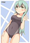 aqua_eyes aqua_hair breasts competition_swimsuit hair_ornament hairclip highres kantai_collection long_hair looking_at_viewer medium_breasts one-piece_swimsuit pepatiku smile solo suzuya_(kantai_collection) swimsuit twitter_username wet wet_clothes wet_swimsuit 