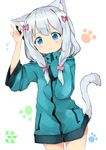  animal_ears blue_eyes blush bow cat_ears cat_tail closed_mouth commentary_request copyright_name cowboy_shot eromanga_sensei eyebrows_visible_through_hair flying_sweatdrops frown hair_bow head_tilt izumi_sagiri jacket kemonomimi_mode long_hair looking_at_viewer low-tied_long_hair paw_background pink_bow shibainu_kisetsu silver_hair sleeves_past_wrists solo standing stylus tail translated 