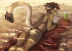  2017 absurd_res antanariva beach bikini book breasts butt clothed clothing cougar feline female fur green_eyes hi_res looking_at_viewer lying mammal raised_tail seaside smile swimsuit tay 