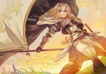  armor blonde_hair blue_eyes blush braid breasts fate/apocrypha fate_(series) flag gauntlets helmet jeanne_d'arc_(fate) jeanne_d'arc_(fate)_(all) long_hair looking_at_viewer medium_breasts rano sheath sheathed smile solo sword thighhighs weapon 