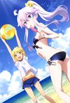  absurdres albus_(zero_kara_hajimeru_mahou_no_sho) ball beach beachball bikini blonde_hair choker contemporary day food highres igawa_norie long_hair megami multiple_girls navel outdoors popsicle purple_eyes reverse_trap short_hair swimsuit white_hair yellow_eyes zero_(zero_kara_hajimeru_mahou_no_sho) zero_kara_hajimeru_mahou_no_sho 