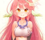 arm_tattoo artist_name bare_shoulders blush breasts collarbone crop_top elbow_gloves gloves halo head_wings heart heart-shaped_pupils jibril_(no_game_no_life) large_breasts long_hair looking_at_viewer midriff navel no_game_no_life pink_hair runamochi sideboob simple_background smile solo symbol-shaped_pupils tattoo upper_body very_long_hair white_background yellow_eyes 