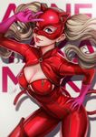  blonde_hair blue_eyes bodysuit breasts character_name cleavage cleavage_cutout earrings gloves hand_on_hip jewelry large_breasts latex lips long_hair magion02 mask one_eye_closed persona persona_5 red_bodysuit shadow signature smile solo stud_earrings takamaki_anne v white_background 