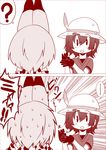  2girls 2koma :d ? animal_ears bangs bare_shoulders black_eyes black_gloves black_hair bow bowtie comic commentary_request elbow_gloves emphasis_lines eyebrows_visible_through_hair gloves hair_between_eyes hands_up hat hat_feather helmet hiyoko_(chick's_theater) kaban_(kemono_friends) kemono_friends looking_at_another magic_trick monochrome multiple_girls open_mouth pith_helmet print_gloves red_shirt serval_(kemono_friends) serval_ears serval_print shirt short_hair short_sleeves simple_background sleeveless sleeveless_shirt smile solid_oval_eyes spoken_ellipsis spoken_question_mark surprised sweat sweating_profusely translated upper_body v-neck wavy_hair white_background 