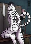  2017 anthro balls bulge butt clothed clothing d3mo feline fur hair locker_room looking_at_viewer looking_back male mammal presenting presenting_hindquarters raised_tail rear_view solo thong tiger topless white_tiger 