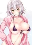  bangs bikini bikini_top black_bikini blush breasts cleavage collarbone commentary_request fang fate/grand_order fate_(series) front-tie_bikini front-tie_top hair_between_eyes highres jacket jeanne_d'arc_(alter)_(fate) jeanne_d'arc_(fate)_(all) large_breasts looking_at_viewer navel open_clothes open_jacket parted_lips pink_jacket sankakusui shiny shiny_skin short_hair silver_hair skindentation solo swimsuit yellow_eyes 