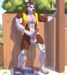  2015 4_toes abs anatomically_correct anatomically_correct_penis animal_genitalia animal_penis anthro balls biceps biped blue_eyes bottomless brown_eyebrows brown_fur brown_nose canine canine_penis claws clothed clothing day detailed_background digital_media_(artwork) dog erection eyebrows fence feralise front_view fur hi_res knot looking_at_viewer male mammal multicolored_fur muscular muscular_male nipples outside pants pants_down partially_clothed pecs penis pink_penis pit_bull precum shadow signature solo standing telephone_pole toe_claws toes two_tone_fur vincent_(hurst) white_balls white_claws white_fur 