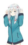  arms_up blue_eyes blue_sweater blush bow cowboy_shot eromanga_sensei hair_bow izumi_sagiri long_hair looking_at_viewer red_bow silver_hair simple_background solo standing sweater swon_(joy200892) white_background 