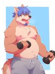  2018 4_fingers anthro beard blue_hair brown_eyes brown_fur bubba_wolfuzz canine clothed clothing eyewear facial_hair front_view fur glasses hair hi_res male mammal navel nipples o-ro open_mouth shorts slightly_chubby solo standing tongue tongue_out topless weights 