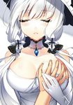  azur_lane bangs bare_shoulders blush breast_grab breasts cherry_(kjvp4842) closed_eyes collarbone commentary_request elbow_gloves eyebrows_visible_through_hair facing_viewer gloves grabbing guided_breast_grab hair_ornament illustrious_(azur_lane) large_breasts low_twintails out_of_frame parted_lips pov pov_hands solo_focus twintails upper_body white_gloves white_hair 
