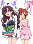  :3 basket blue_eyes blush breasts brown_eyes brown_hair check_translation collarbone commentary_request earrings empty_eyes hair_ornament hair_scrunchie highres ichinose_shiki idolmaster idolmaster_cinderella_girls igarashi_kyouko jewelry kezune_(i-_-i) long_hair medium_breasts multiple_girls off_shoulder open_mouth scrunchie side_ponytail simple_background smile translation_request white_background 