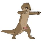  4_fingers 5_toes anthro balls blue_eyes brown_fur condom erection filled_condom fur letodoesart mammal mustelid otter penis simple_background standing tapering_penis toes whiskers 