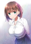  ai-chan_(tawawa) bangs blush braid breasts brown_hair collarbone dress_shirt eyebrows_visible_through_hair getsuyoubi_no_tawawa green_eyes hair_ornament highres large_breasts leaning_forward long_sleeves looking_at_viewer nanase_meruchi shirt short_hair side_braid skirt smile solo sparkle_background unbuttoned white_shirt 