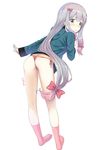  ass bangs blue_eyes blush bow commentary_request eromanga_sensei eyebrows_visible_through_hair from_behind full_body gradient_hair grey_hair hair_bow hand_up highres izumi_sagiri kneepits long_hair long_legs looking_at_viewer looking_back low-tied_long_hair multicolored_hair panties parted_lips pink_bow pink_hair pink_legwear pink_panties shiny shiny_hair side-tie_panties sidelocks simple_background socks solo tareme thighs twitter_username underwear urio_yusuke very_long_hair white_background 