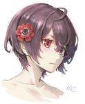  ahoge bare_shoulders blush collarbone commentary face flower hair_flower hair_ornament highres hoshizaki_reita looking_to_the_side original parted_lips portrait purple_hair red_eyes short_hair signature simple_background sketch solo white_background 