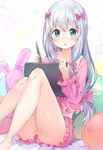  :o blue_eyes blush bow eromanga_sensei hair_bow highres izumi_sagiri kusumoto_touka long_hair looking_at_viewer low-tied_long_hair parted_lips pink_bow silver_hair sitting solo stuffed_animal stuffed_bunny stuffed_toy stylus tablet 