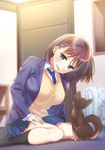  ai-chan_(tawawa) bangs bed black_legwear blush bookshelf braid breasts brown_hair carpet cat doorway dress_shirt eyebrows_visible_through_hair getsuyoubi_no_tawawa green_eyes hand_on_own_thigh highres large_breasts looking_at_viewer nanase_meruchi necktie open_mouth school_uniform shirt short_hair side_braid sitting skirt smile smug socks solo sweater_vest wariza yellow_sweater_vest 