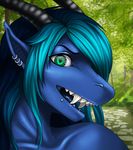  2016 anthro black_claws blue_hair blue_scales claws crazy_face cyan_hair dragon ear_piercing eliana-asato ena fangs female green_eyes hair happy horn long_hair looking_at_viewer multicolored_hair piercing portrait scales smile solo tongue 