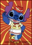  2010 alien apron black_eyes blue_claws blue_fur blue_nose bow_tie carhop claws clothed clothing crossed_legs digital_media_(artwork) disney experiment_(species) fishlover fur hand_on_hip hat lilo_and_stitch looking_at_viewer notched_ear open_mouth open_smile paper_hat pattern_background pose red_border rollerskates simple_background smile solo stitch striped_background waiter watermark 