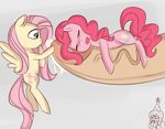  2016 blush cutie_mark disembodied_penis duo_focus earth_pony equine female feral fluttershy_(mlp) friendship_is_magic group hair horse humanoid_penis jonathan_the_awesome long_hair lying male male/female mammal my_little_pony open_mouth pegasus penis pink_hair pinkie_pie_(mlp) pony precum simple_background vein wings 