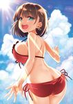  :d ai-chan_(tawawa) ass bangs bare_shoulders bikini blue_sky bouncing_breasts braid breasts cloud cloudy_sky day eyebrows_visible_through_hair getsuyoubi_no_tawawa green_eyes hair_ornament hairclip highres large_breasts light_rays looking_at_viewer looking_back nanase_meruchi open_mouth outstretched_hand red_bikini short_hair side-tie_bikini side_braid sky smile sun sunbeam sunlight swimsuit teeth tongue 