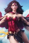  armlet biceps black_hair blue_eyes blue_sky cape cloud day dc_comics earrings highres jewelry lasso lens_flare looking_at_viewer outstretched_arms parted_lips realistic shield skirt sky solo stanley_lau strapless superhero tiara toned wonder_woman wonder_woman_(series) 