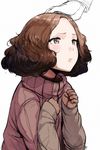  1girl blush brown_eyes brown_hair cardigan curly_hair disembodied_hands eyebrows eyelashes hand_on_another&#039;s_head hews_hack long_sleeves okumura_haru persona persona_5 pink_sweater pout short_hair simple_background sketch solo_focus sweater tears turtleneck white_background 