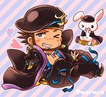  &gt;:) &gt;_o animal bare_chest bead_bracelet beads beard blue_background blush bracelet bracer bright_pupils brown_hair bunny chibi clothed_animal collarbone commentary_request earrings facial_hair facial_scar flipped_hair full_body gold_trim grin hat heart horizontal_stripes index_finger_raised jewelry looking_at_viewer magatama magatama_necklace male_focus marshmallow_mille nose_scar one_eye_closed ookuninushi_(p&amp;d) open_clothes pink_background purple_eyes puzzle_&amp;_dragons scar sharp_teeth smile solo striped striped_background teeth twitter_username two-tone_background v-shaped_eyebrows white_pupils 