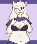  big_breasts blush boss_monster bra breasts caprine cleavage clothed clothing clothing_lift fangs female fur goat goatboyalex horn long_ears mammal mature_female overweight overweight_female pants red_eyes shirt shirt_lift slightly_chubby smile toriel undertale underwear video_games white_fur 