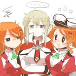  3girls :d aquila_(kantai_collection) blonde_hair blue_eyes capelet crossed_arms dual_persona graf_zeppelin_(kantai_collection) hair_between_eyes hair_ornament hairclip hat high_ponytail jacket kantai_collection long_hair long_sleeves lowres military military_uniform multiple_girls open_mouth orange_eyes orange_hair peaked_cap rebecca_(keinelove) red_jacket shirt short_hair sidelocks simple_background smile spoken_ellipsis ss_roma sweatdrop twintails uniform v-shaped_eyebrows white_background white_jacket white_shirt 