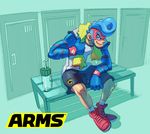  al_bhed_eyes aqua_background arms_(game) blue_hair boxing_gloves domino_mask drill_hair full_body highres ishikawa_masaaki male_focus mask nintendo official_art pompadour shorts simple_background smile solo spring_man_(arms) 