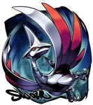  blue_eyes claws commentary fangs flying gen_2_pokemon highres looking_at_viewer no_humans pokemon pokemon_(creature) red_sclera sharp_teeth sido_(slipknot) signature skarmory solo teeth 
