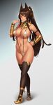  1girl :s animal_ears anubis_(houtengeki) arm_guards armlet bangs bare_shoulders black_legwear breasts brown_hair cameltoe cleavage closed_mouth cross dark_skin detached_collar dog_ears egyptian egyptian_clothes erect_nipples fringe full_body grey_background groin hand_on_hip highres houtengeki large_breasts long_hair looking_at_viewer navel original ponytail raised_eyebrows red_eyes shoes signature sling_bikini smile solo standing stomach swimsuit thighhighs very_long_hair yellow_shoes 