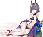  ankle_ribbon bangs barefoot black_ribbon blush bottle breasts collarbone commentary_request eyebrows_visible_through_hair fangs fate/grand_order fate_(series) feet foreshortening headpiece highres horns looking_at_viewer lying navel on_side oni oni_horns parted_lips purple_eyes purple_hair revealing_clothes ribbon short_hair shuten_douji_(fate/grand_order) silver_(chenwen) small_breasts smile solo stomach thick_eyebrows toes 