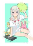  &gt;:( absurdres blue_eyes blush bow character_name clothes_writing eromanga_sensei frown hair_bow heart heart_in_eye highres izumi_sagiri long_hair looking_at_viewer nose_blush pink_bow shi_(user_ptm0299) shirt silver_hair sitting solo strap_slip stuffed_animal stuffed_bunny stuffed_frog stuffed_octopus stuffed_toy stylus symbol_in_eye t-shirt tablet teddy_bear tsundere v-shaped_eyebrows 