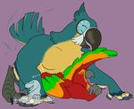  anthro avian bird blue_feathers breath_of_the_wild cum duo eyes_closed feathers green_feathers happyraptor_(artist) kass_(zelda) male male/male marley_the_conure nintendo open_mouth orange_feathers parrot red_feathers rito simple_background size_difference the_legend_of_zelda tongue video_games 