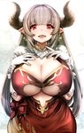  alicia_(granblue_fantasy) blush breast_suppress breasts center_opening cleavage curvy dated draph dress earrings eyebrows_visible_through_hair gloves granblue_fantasy hands_on_own_chest highres horns huge_breasts jewelry long_hair looking_at_viewer open_mouth pointy_ears red_eyes silver_hair simple_background solo souryu standing white_background white_gloves 