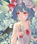  bags_under_eyes bat_wings blue_hair bonnet cup dress drink drinking drinking_glass drinking_straw hat hat_ribbon hillly_(maiwetea) mob_cap open_mouth pointy_ears red_eyes remilia_scarlet ribbon short_hair soda solo strap_slip sundress touhou upper_body wings 