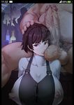  1boy 1girl areolae bangs blunt_bangs blush braid breasts cellphone clenched_teeth curvy erect_nipples erection fat fat_man highres huge_breasts huge_penis huge_testicles kunaboto large_areolae looking_at_viewer niijima_makoto nipples penis persona persona_5 pole_dancing puffy_nipples red_eyes see-through short_hair testicles uncensored veiny_penis very_short_hair 